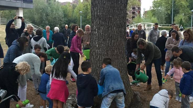 Mikeldiko berdegunea ureztatu dute bizilagunek, aparkalekurik ez eraikitzea eskatzeko