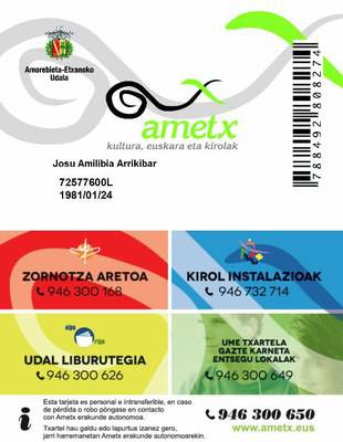 Txartel bakarra Zornotzako Ametx erakundearen zerbitzuak baliatzeko