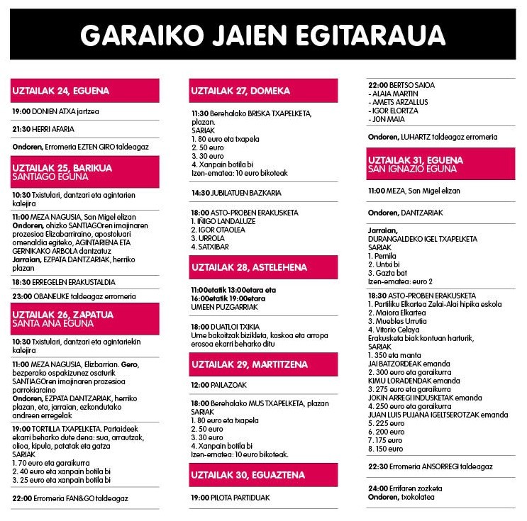 Garaiko jaien egitaraua