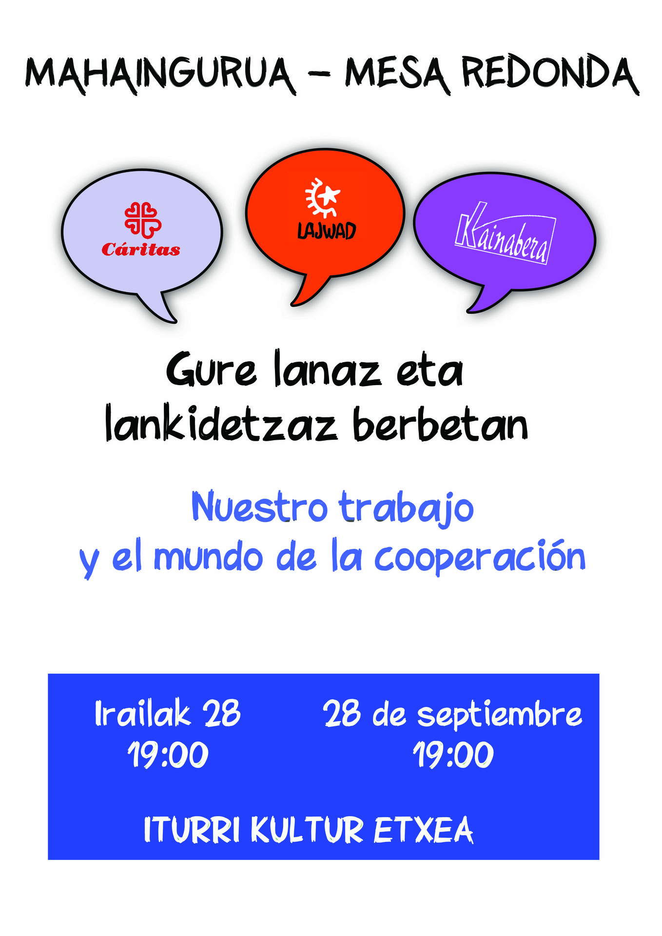 'Gure lanaz eta kooperazioaz berbetan' mahaingurua: Caritas, Lajwad eta Kainabera