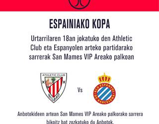 Athletic eta Espanyolen arteko Espainiako Kopako partidarako sarrerak