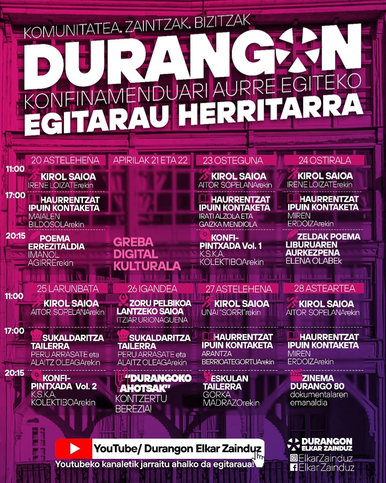 Konfinamenduari aurre egiteko egitarau herritarra osatu du Durangon Elkar Zainduz sareak
