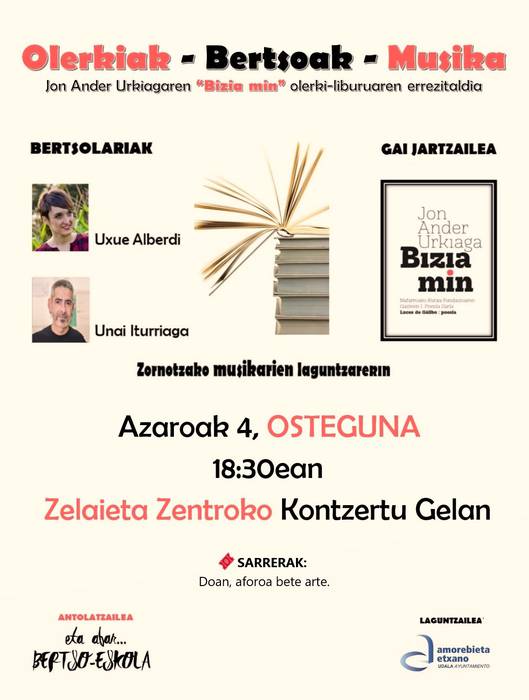 Jon Ander Urkiagaren 'Bizia min' olerki liburuaren errezitaldia