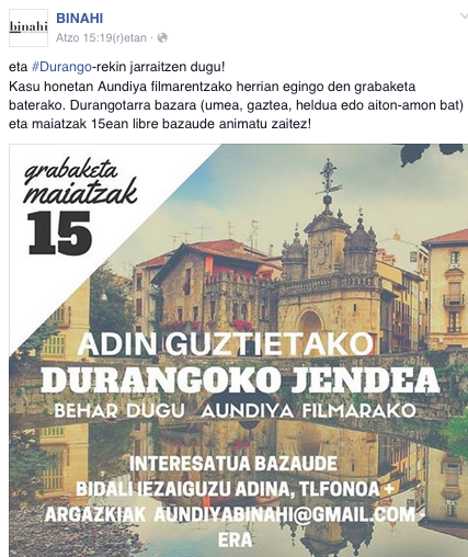 'Aundiya' filmaren grabaziorako, adin guztietako durangarrak behar dituzte