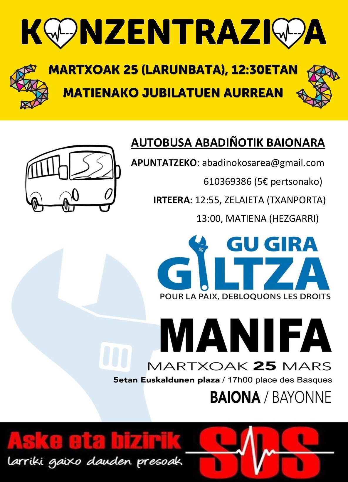 Martxoaren 25ean Baionan egingo den manifestaziorako autobusa irtengo da Abadiñotik