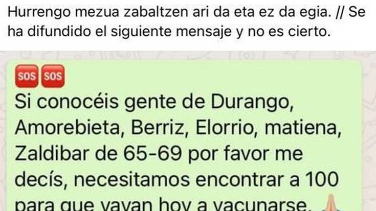 Durangaldean txertatzeko jende bila dabiltzala azaltzen duen mezua faltsua dela dio Osakidetzak