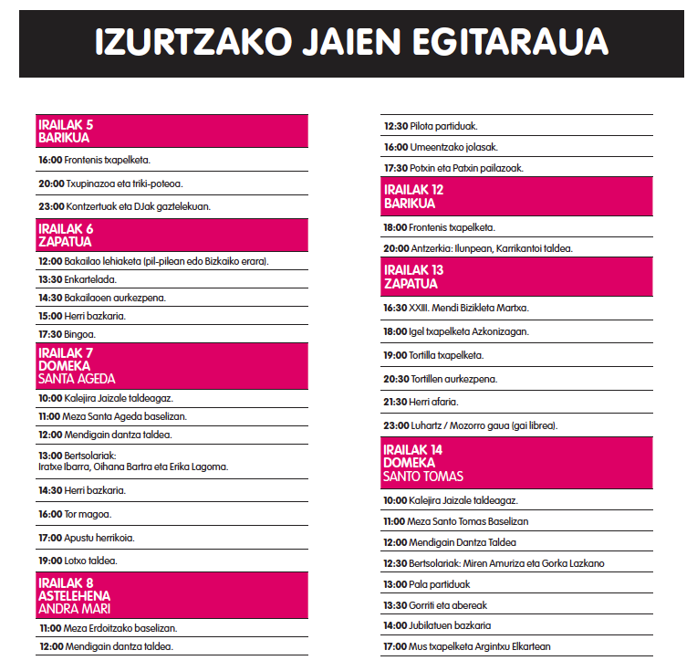 Izurtzako jaien egitaraua