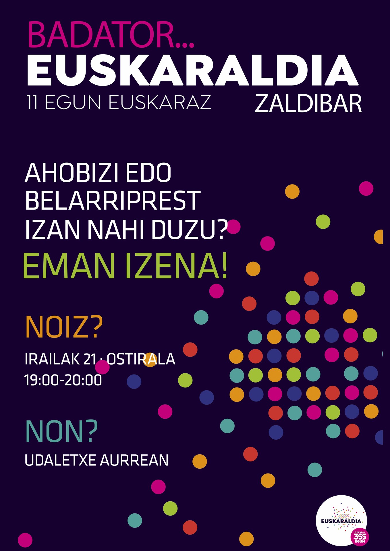 Euskaraldian parte hartu gura duten zaldibartarrek barikuan izango dute aukera izena emateko