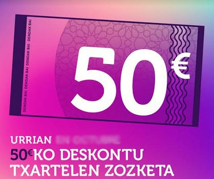 Dendak Bai elkarteak 50 euroko 50 deskontu txartel zozkatuko ditu urrian