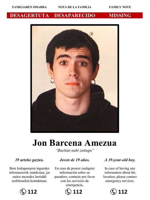 Jon aurkitzeko laguntza eskatu du familiak