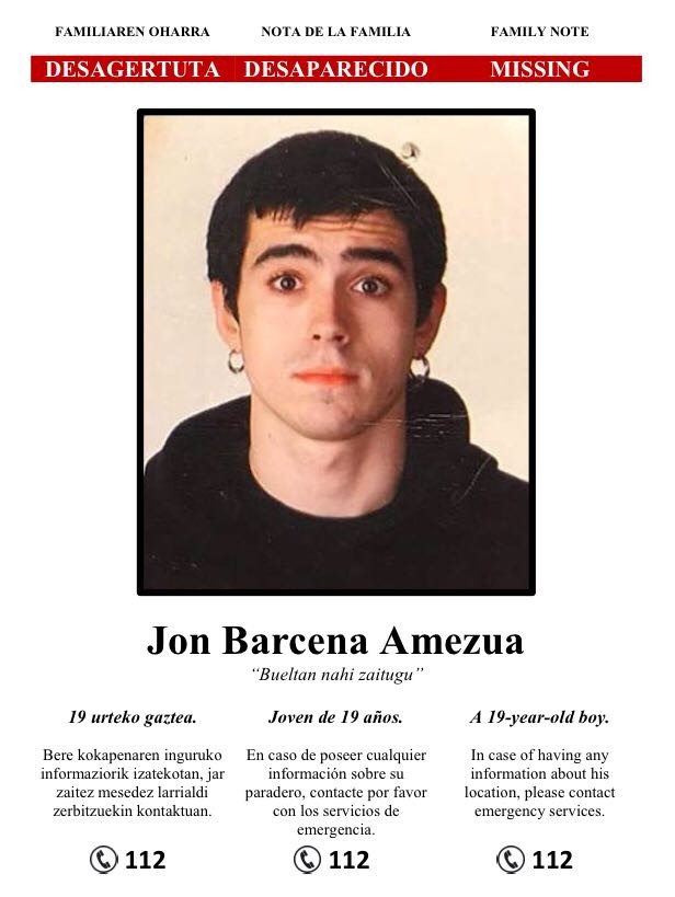 Jon aurkitzeko laguntza eskatu du familiak